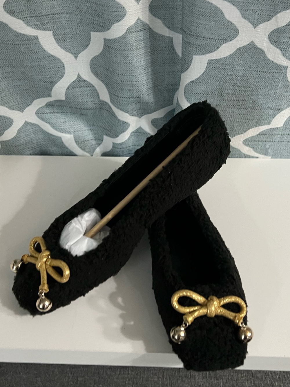 Katy Perry Collections Black Bouclé Flats with Gold Bow Charms